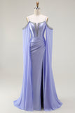Lilac Mermaid Cold Shoulder Beaded Corset Long Prom Dress with Cape