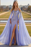 Lilac Mermaid Cold Shoulder Beaded Corset Long Prom Dress with Cape