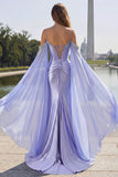 Lilac Mermaid Cold Shoulder Beaded Corset Long Prom Dress with Cape
