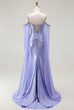 Lilac Mermaid Cold Shoulder Beaded Corset Long Prom Dress with Cape