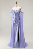 Lilac Mermaid Cold Shoulder Beaded Corset Long Prom Dress with Cape