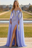 Lilac Mermaid Cold Shoulder Beaded Corset Long Prom Dress with Cape