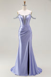 Lilac Mermaid Cold Shoulder Beaded Corset Long Prom Dress with Cape