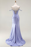 Lilac Mermaid Cold Shoulder Beaded Corset Long Prom Dress with Cape