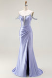 Lilac Mermaid Cold Shoulder Beaded Corset Long Prom Dress with Cape