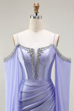 Lilac Mermaid Cold Shoulder Beaded Corset Long Prom Dress with Cape