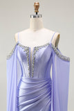 Lilac Mermaid Cold Shoulder Beaded Corset Long Prom Dress with Cape