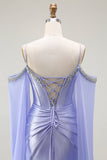 Lilac Mermaid Cold Shoulder Beaded Corset Long Prom Dress with Cape