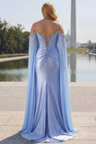 Blue Mermaid Cold Shoulder Beaded Convertible Corset Long Prom Dress with Cape Sleeves