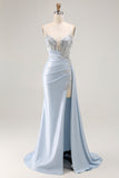 Light Blue Mermaid Appliqued Corset Long Prom Dress With Slit