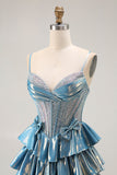 Blue Metallic A-Line Corset Tiered Long Prom Dress With Beading