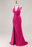 Fuchsia Halter Ruched Mermaid Long Prom Dress With Slit