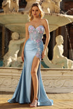 Grey Blue SweetheartMermaid Appliqued Corset Beaded Long Prom Dress with Slit