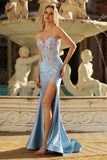 Grey Blue SweetheartMermaid Appliqued Corset Beaded Long Prom Dress with Slit
