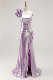Metallic Lilac One-Shoulder Long Prom Dress with Draped Ruffle Detail