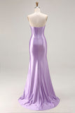Strapless Purple Mermaid Corset Pleated Long Prom Dress With Slit