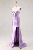 Strapless Purple Mermaid Corset Pleated Long Prom Dress With Slit