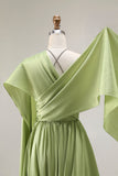 Sage Green A Line Satin Corset Keyhole Long Evenning Dress with Cap Sleeves