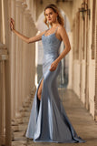 Grey Blue Beaded Mermaid Corset Pleated Long Prom Dress with Slit