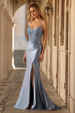 Grey Blue Beaded Mermaid Corset Pleated Long Prom Dress with Slit