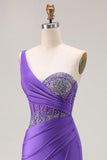 Dark Purple Mermaid One Shoulder Corset Long Prom Dress With Beading