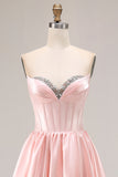Pink A Line Sweetheart Satin Corset Long Prom Dress with Beading