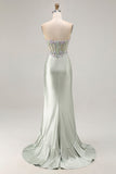 Dusty Sage Sweetheart Sequin Applique Corset Mermaid Long Prom Dress with Ruffle Slit