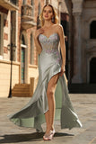 Dusty Sage Sweetheart Sequin Applique Corset Mermaid Long Prom Dress with Ruffle Slit
