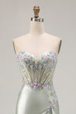 Dusty Sage Sweetheart Applique Corset Mermaid Sequin Long Prom Dress with Ruffle Slit