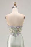 Dusty Sage Sweetheart Applique Corset Mermaid Sequin Long Prom Dress with Ruffle Slit