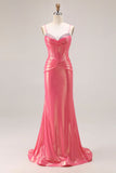Glitter Watermelon Mermaid Pleated Corset Long Prom Dress With Beading