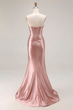 Dusty Rose Strapless Beaded Mermaid Corset Satin Long Prom Dress with Slit