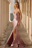 Dusty Rose Strapless Beaded Mermaid Corset Satin Long Prom Dress with Slit
