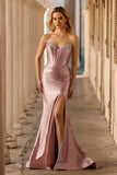 Dusty Rose Strapless Beaded Mermaid Corset Satin Long Prom Dress with Slit
