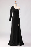 Black One Shoulder Mermaid Satin Mother Of The Bride Dress with Slit