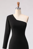 Black One Shoulder Mermaid Satin Mother Of The Bride Dress with Slit