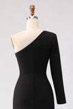 Black One Shoulder Mermaid Satin Mother Of The Bride Dress with Slit