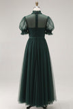 Dusty Blue A Line High Neck Tulle Midi Dress with Short Sleeves