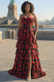 Black Red Flower A Line Sweetheart Corset Ruffled Long Prom Dress with Slit