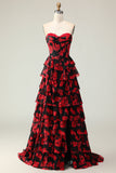 Black Red Flower A Line Sweetheart Corset Tiered Long Prom Dress with Slit