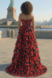 Black Red Flower A Line Sweetheart Corset Tiered Long Prom Dress with Slit