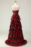 Black Red Flower A Line Sweetheart Corset Ruffled Long Prom Dress with Slit