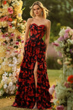 Black Red Flower A Line Sweetheart Corset Ruffled Long Prom Dress with Slit
