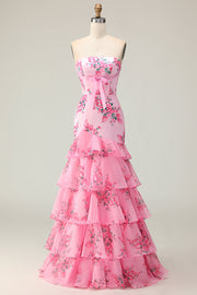 Pink Flower Strapless Tiered Mermaid Long Prom Dress with Ruffles