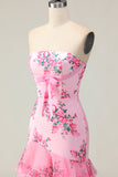 Pink Flower Strapless Tiered Mermaid Long Prom Dress with Ruffles