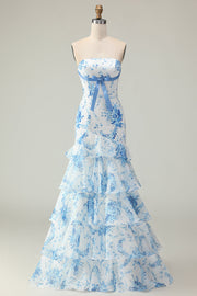 White Blue Flower Mermaid Strapless Tiered Print Long Prom Dress with Ruffles