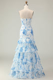 White Blue Flower Mermaid Strapless Tiered Print Long Prom Dress with Ruffles