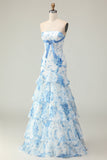 White Blue Flower Mermaid Strapless Tiered Print Long Prom Dress with Ruffles