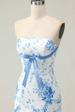 White Blue Flower Mermaid Strapless Tiered Print Long Prom Dress with Ruffles