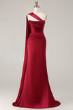 Burgundy Strapless Mermaid Satin Convertible Long Prom Dress with Streamer